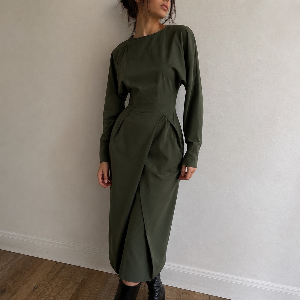 BGL Olive Green Sculptural Midi Dress XXS Minimalist Quiet Luxury Modern